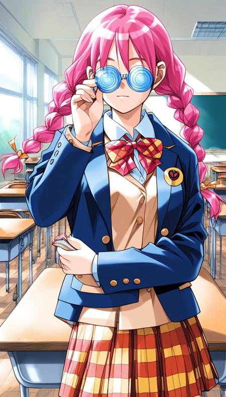 katoMinori, pink hair, brown eyes, medium breasts, katoMinori, pink hair, coke-bottle glasses, medium breasts, twin braids, twintails, 