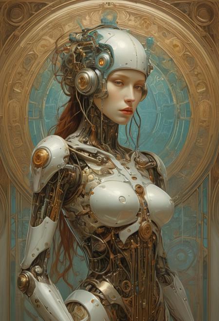 Cyborg android, fantasy, pre-raphaelite style, sinozick, Alphonse Mucha, Agostino Arrivabene, Peter Mohrbacher