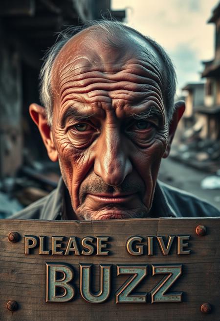 “A middle-aged man with deeply wrinkled, weathered skin is captured in a close-up using a 50mm Panavision Prime lens, revealing every intricate detail of his face. Dramatic lighting casts heavy shadows, highlighting the sorrow and exhaustion etched into his features. His eyes, full of suffering, speak to years of hardship. In the background, softly blurred, a decaying slum looms with crumbling walls and debris. At the lower part of the image, a cracked wooden panel with rusted nails holds bold, capital letters carved into the wood, reading ‘PLEASE GIVE ME BUZZ.’ The text, in a pastel color, blends with the wood grain, intensifying the gritty, distressed atmosphere, adding an ironic contrast to the somber mood.”