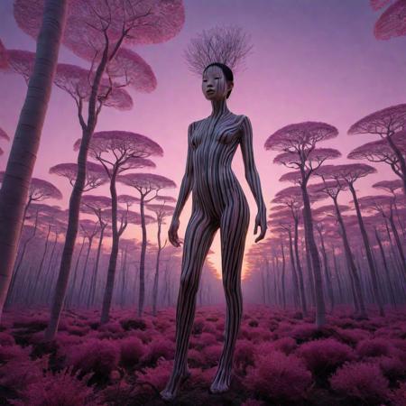 A surrealistic fusion of Reuben Wu's ethereal landscapes with Nick Knight's hyper-realistic models. A Synthetic forest of barcode trees, where creatures with Taro Okamoto's biomechanical limbs frolic and play. The sun sets in vibrant, electric hues, casting long, synthetic shadows that distort the Sharp Focus images of the models. In the distance, a satellite hovers, projecting old school designs onto the landscape, OverallDetail