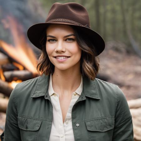 lauren_cohan, <lora:LaurenCohanXL:1>, looking at viewer, smile, white shirt, closed collar, (buttoned up shirt), long sleeves, hat, jacket, boots, outdoors, parted lips, day, pants, medium hair, bag, from side, depth of field, brown footwear, black pants, squatting, backpack, hat, campfire, photo background, ((perfect eyes, detailed eyes,realistic eyes)), ((sharp face, detailed face, realistic face, naturtal skin, realistic skin, detailed skin, pores))