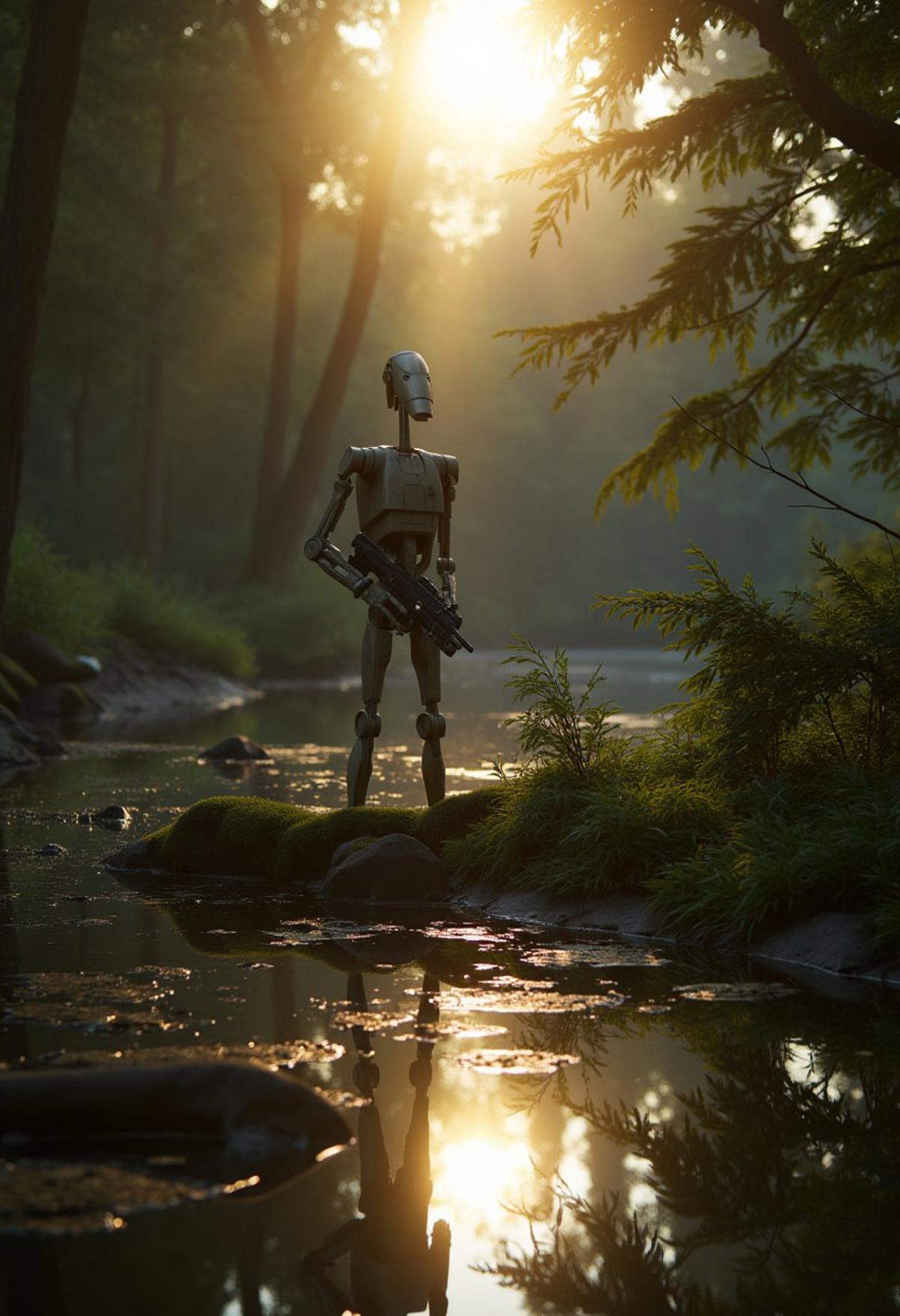 B1 droid holding gun in forest, realistic water effects, sun rays, realistic lighting, beautiful environment, shrubbery, reflections