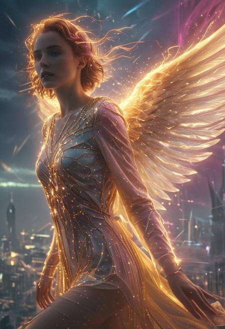 neonpunk style, (auralora:1.2), dark fantasy aesthetics, movie poster, centered composition, close-up photography by Henri Cartier Bresson. portrait, shining ( 1920s art deco theme:1.1), divine angel of the skies,  flying, birds, rainbow,  clouds in background, majestic divine atmosphere, bright light, holy aura, bloom, halo above head, divine light, white clothes, golden embroidery,filigree,  dynamic pose, . (Detailed face, detailed skin, skin texture, skin pores, (freckles:0.9)). (ethereal wisps and Sparks of ice shards, dust particles, particle system:1.4). Gritty, raw, emotional, liminal fog, shimmering light. A mesmerizing blend of light and shadows. <lora:Aurastronger_SDXL:1>, cyberpunk, vaporwave, neon, vibes, vibrant, stunningly beautiful, crisp, detailed, sleek, ultramodern, magenta highlights, dark purple shadows, high contrast, cinematic, ultra detailed, intricate, professional