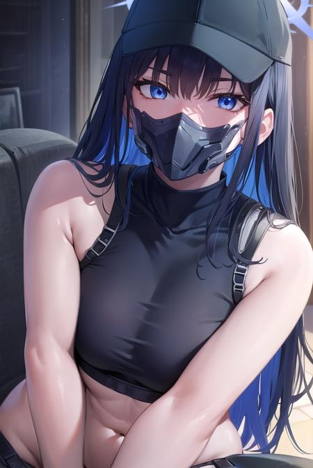 saori joumae, blue eyes, blue hair, halo, long hair, mask, mouth mask, bare arms, bare shoulders, belt, black headwear, black pants, black shirt, blue gloves, crop top, gloves, leggings, midriff, navel, pants, shirt, sleeveless, sleeveless shirt,