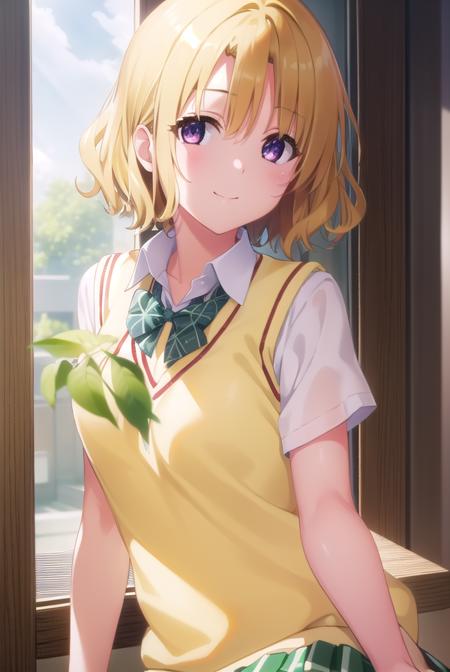 risamomioka, <lora:risa momioka darkness-lora-nochekaiser:1>,
risa momioka, short hair, blonde hair, wavy hair, (parted bangs:1.5), (purple eyes:1.1), smile,
BREAK green skirt, plaid, plaid skirt, sainan high school uniform, school uniform, skirt, sweater vest, thighhighs, (yellow sweater:1.5), short sleeves, bow, green bow,
BREAK indoors, classroom,
BREAK looking at viewer, (cowboy shot:1.5),
BREAK <lyco:GoodHands-beta2:1>, (masterpiece:1.2), best quality, high resolution, unity 8k wallpaper, (illustration:0.8), (beautiful detailed eyes:1.6), extremely detailed face, perfect lighting, extremely detailed CG, (perfect hands, perfect anatomy),