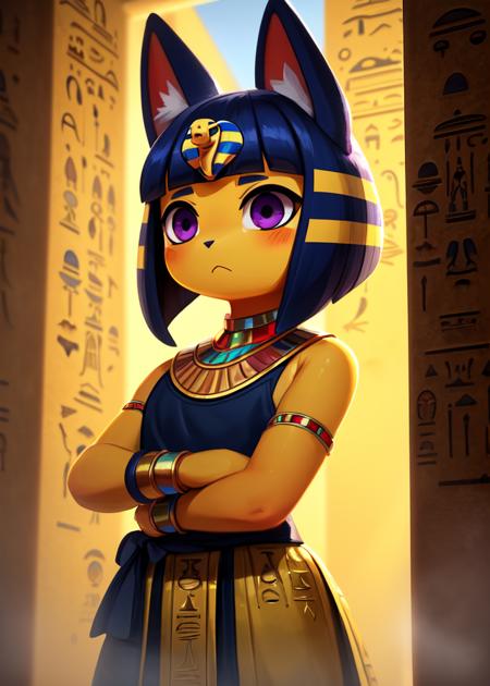 uploaded on e621, ((by Hyilpi, by Supplesee, by Dagasi, Animal Crossing)),
solo ((chibi ankha \(animal crossing\))) with ((yellow body)) and (navy blue short hair) and (purple hypnotic eyes),
(wear egyptian white dress, egyptian mythology, flat chested,:<, crossed arms:1.2), ((detailed fluffy fur)),
(three-quarter portrait, looking at viewer, three-quarter view:1.35),
BREAK
(egyptian room, yellow wall, egyptian symbol:1.25), (starry, fog, mist)
(detailed background, depth of field, half body shadow, sunlight, ambient light on the body),
(digital painting \(artwork\), photoshop \(medium\), painttool sai \(medium\):1.3)
(masterpiece, best quality, ultra realistic, 4k, 2k, (high detail:1.3),
(3d \(artwork\):1.2), blender \(software\), (soft focus:1.1), ray tracing, (unreal engine:1.3), absurd res)