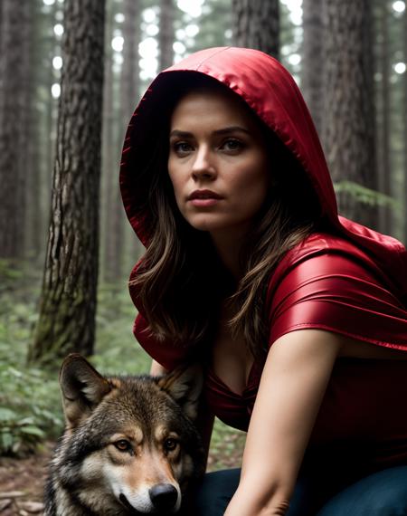 cinematic film still realistic, photorealistic, award winning photo , PAPARAZZI SHOT,  1girl, Red Riding Hood meeting the Wolf in a dense, shadowy forest. The surroundings should be filled with tall, twisted trees and a sense of foreboding, . shallow depth of field, vignette, highly detailed, high budget Hollywood movie, bokeh, cinemascope, moody, epic, gorgeous, film grain, grainy