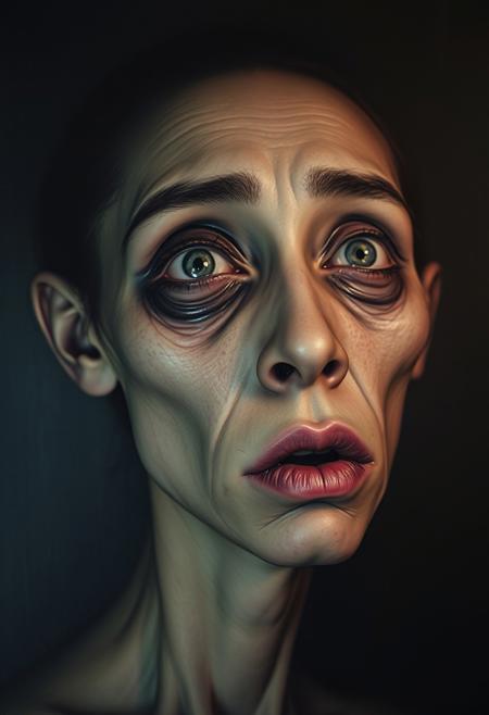 An eerie self-portrait, blending Abercrombie's surrealism and Fang's emotional distortion, shows a face that is both serenely eerie and grotesquely exaggerated.
