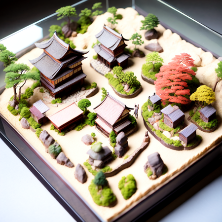 photo, a miniature model of a japanese village in a glass box (IsoJapan style:1) <lora:djzIsoJapanV21:1>