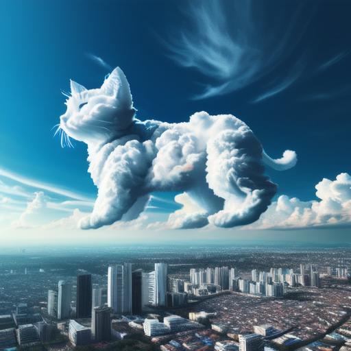 A Cat Flying in the Sky Above a City Skyline