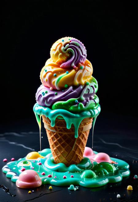8K analog photo, Sl1m3d, Hand held an ice cream, close up, ice cream made of pastel color slime, dark background, minimalist,