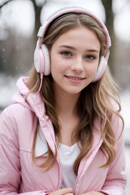 <comment:SUBJECT:0>
photograph of a 18 year old german girl, blonde, very attractive,
<comment:DESCRIPTOR:0>
long lashes, petite, cute,
<comment:HAIR:0>
long hair, curly hair, 
<comment:FACE:0>
beautiful face, petite face, youthful face, cute face, nice joyful smile, excited gaze,
flushed cheeks, nices contoured youthful cheeks, beautiful nose, perfect nose,
small nose,
<comment:EYES:0>
green eyes, perfect round eyes, realistic fine detailed eyes, hyper beautiful eyes,
absolute stunning eyes,
<comment:BODY:0>
small body, petite body, medium breasts,
<comment:CLOTHES:0>
(((wearing a open pink down winter jacket with white fleece))), (((wearing pink headphones))), waering a white tank top, pastel blue denim jeans, nice styled clothes,
<comment:MEDIA:0>
in winter, snowfall, Porta 160 color, shot on ARRI ALEXA 65, bokeh, sharp focus on subject,
<comment:WEBSITE_ARTIST:0>
shot by Don McCullin,
<comment:LORAs:0>
<comment:EMBEDDINGS:0>