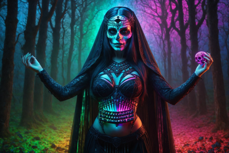a goddess, Izanami, death goddess, made out of RGB Keyboards, with a dark veil, holding a skull, haunting with a dark veil with RGB lights, solo, digital Celtic grove with neon oaks, glowing mist with RGB lights, detailed background, running with RGB sparks, glowing with RGB lights, in motion, mystical, shimmering with RGB lights, dynamic angle, wide shot, best quality, vibrant colors, realistic style, high detail, high-definition, hyper-realistic, extremely high-resolution details, fine texture, incredibly lifelike, realistic, not cartoon, not drawing, highres, 4K resolution, source photo, realistic photo, masterpiece, best quality, amazing quality, very aesthetic, ultra-detailed, detailed textures, natural lighting, soft light, electric neon colors, bright pinks, purples, cyans, electric spark, sharp and vibrant, close-up shot, <lora:RGB_Keyboard_themed-000008:1>