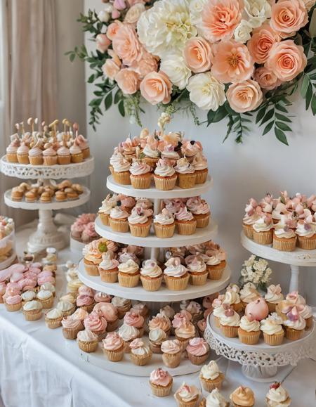 A modern dessert bar showcasing a variety of gourmet cupcakes with intricate frosting designs, macarons in pastel colors, and a tiered cake topped with edible flowers.