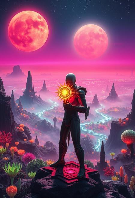 A surreal alien world drenched in an otherworldly glow, illuminated by two massive suns that paint the horizon in cascading neon hues. The foreground features a humanoid figure in a heroic, dynamic stance, holding a strange artifact glowing with ancient power, symbolizing destiny and cosmic fate. The landscape stretches endlessly, covered in pulsating bioluminescent plants, alien crystal forests, and strange geometrical monoliths that emit eerie, low-frequency vibrations. A shimmering mist rises from glowing rivers, adding to the sense of ethereal mystery, while the distant skyline shows colossal, floating cities shaped like intricate seashells. HDR and UHD clarity reveal every microscopic detail of this magical and horrifyingly beautiful world: from the figure’s armor reflecting surreal lighting to the eerie alien fauna crawling in the background. The mood balances tranquility and vibrancy, whimsical wonder and subtle horror, giving a cinematic impression of a vivid painting brought to life. Evocative long exposure streaks give the illusion of cosmic winds and otherworldly energy surging across the sky, blending surreal fantasy with science fiction into one majestic, timeless scene.