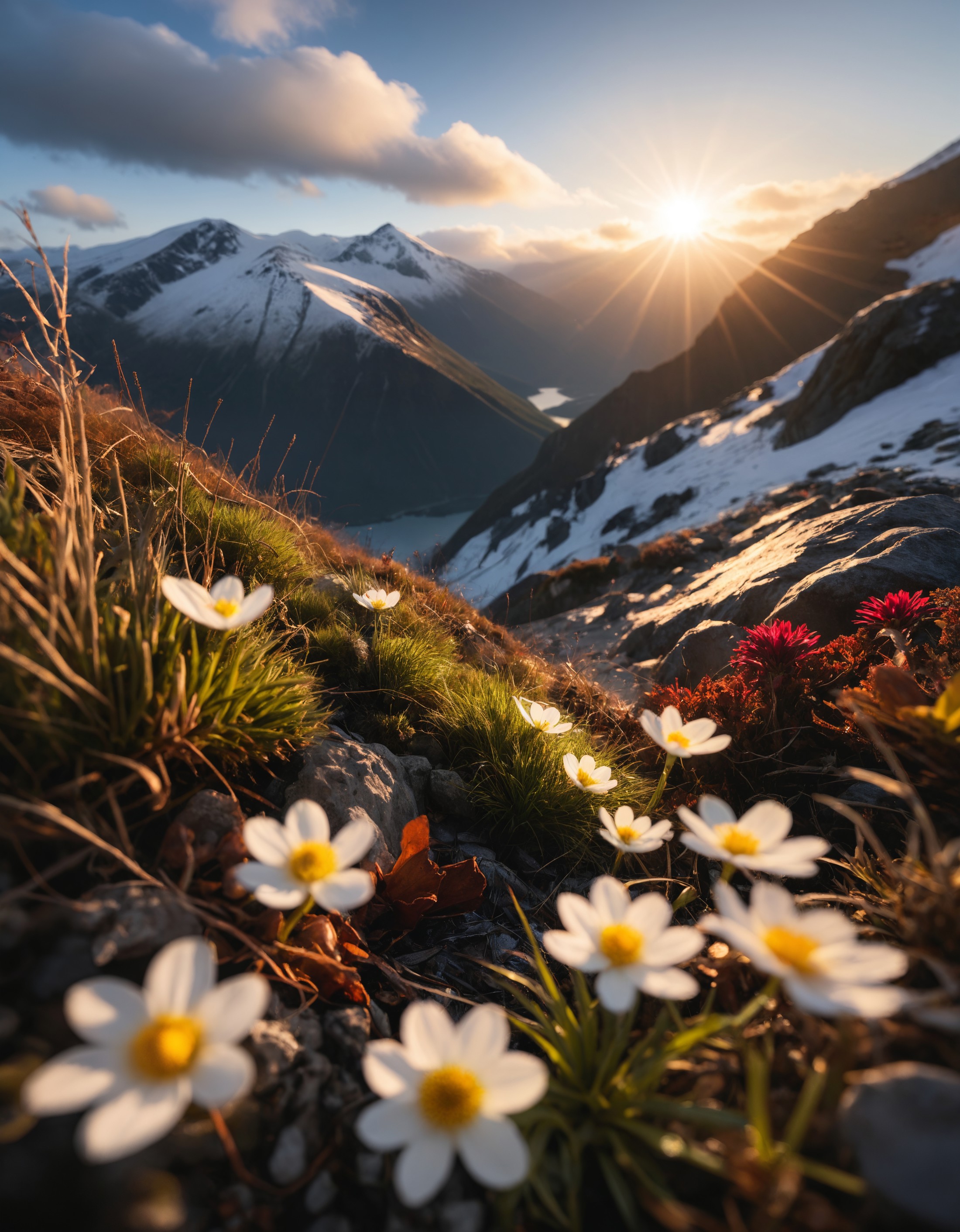 RAW Photography,Snow-capped mountains, flowers and moos, sunrise, sunrays, white clouds,lens flare, low wide angle,, (shar...