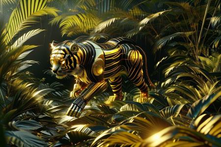 Robot tiger running towards camera in a jungle setting. midasmagic, golden aura