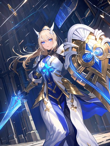 masterpiece,best quality,highres,cinematic lighting,dramatic angle,1girl,<lora:ShadowverseHolySaberV16-000029:0.8>,alternative2,symbol-shaped pupils, hair ornament,blue eyes,ponytail,ribbon,glowing eyes,serious,white armor,white and blue dress,holding shield,holding,blue sword,floating object,looking at viewer,walking