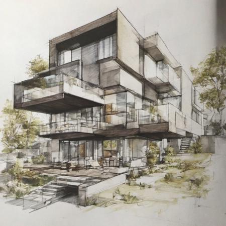 1 modern house, architect sketch, balcony, glasses <lora:architect_XL:1>