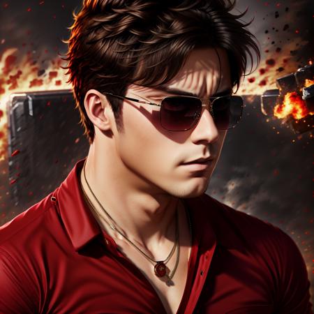 Masterpiece, 4K, High Quality, realistic, contrast, 1man, solo, <lora:Badass_Ikemen:0.8>, wearing a red shirt, necklace, sunglasses, face ultra focus, menacing, explosion in the background