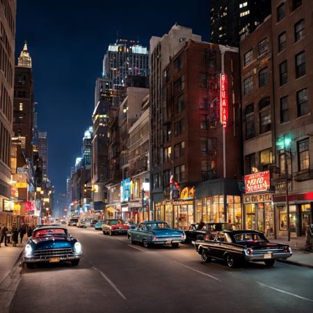 a 60s city street filled with lots of tall buildings, retro, night, city lights, a detailed matte painting by Richard Estes, featured on cgsociety, ashcan school, matte painting, matte drawing, cityscape