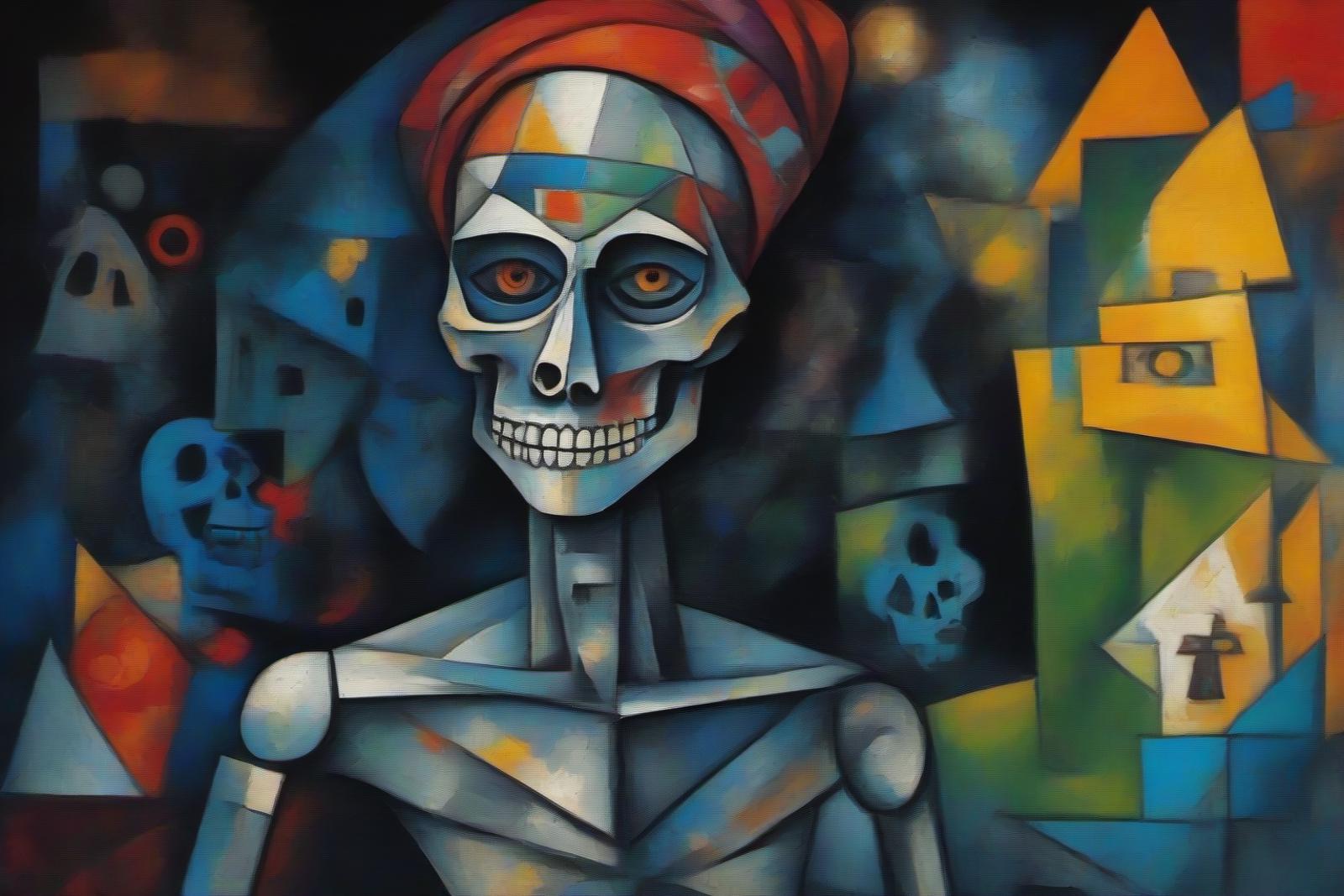 Abstract Skeleton Art with Red Hat and Yellow Eyes on Black Background