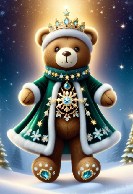 Create a bear that's a real showstopper by mixing holiday fashion with an unforgettable, whimsical twist. Imagine a bear that's as majestic as a king, standing proudly in the spotlight, covered in a coat of shimmering, iridescent fur that changes colour like the aurora borealis.Decorate its outfit with snowflake embroidery, holly leaves, and twinkling stars, each glowing softly with embedded LED lights.
 it's a masterpiece of storytelling. Picture a regal crown of frosted evergreen branches on its head, with golden ornaments and silk ribbons cascading down. And its paws? Fitted with sparkling crystal "mittens" that leave a glittering snow trail with every step. It's got a bold, velvet cape trimmed with faux fur that sweeps dramatically behind it, patterned with constellations to show that holiday magic reaches even the stars.Accessories are key: think a chic belt of golden bells that jingle softly as it moves or an avant-garde scarf made of flowing strands of silver tinsel. The look is finished off with a necklace of icicle-like gems that catch the light in prisms and maybe even a holiday cocktail ring shaped like a miniature gingerbread house.This isn't just a bear—it's a celebration. The image should convey warmth, joy and creativity, blending classic holiday charm with futuristic flair. This bear is set to redefine festive fashion, turning heads as a walking, roaring embodiment of holiday spirit, ready to dazzle in the most glamorous winter wonderland you can imagine.