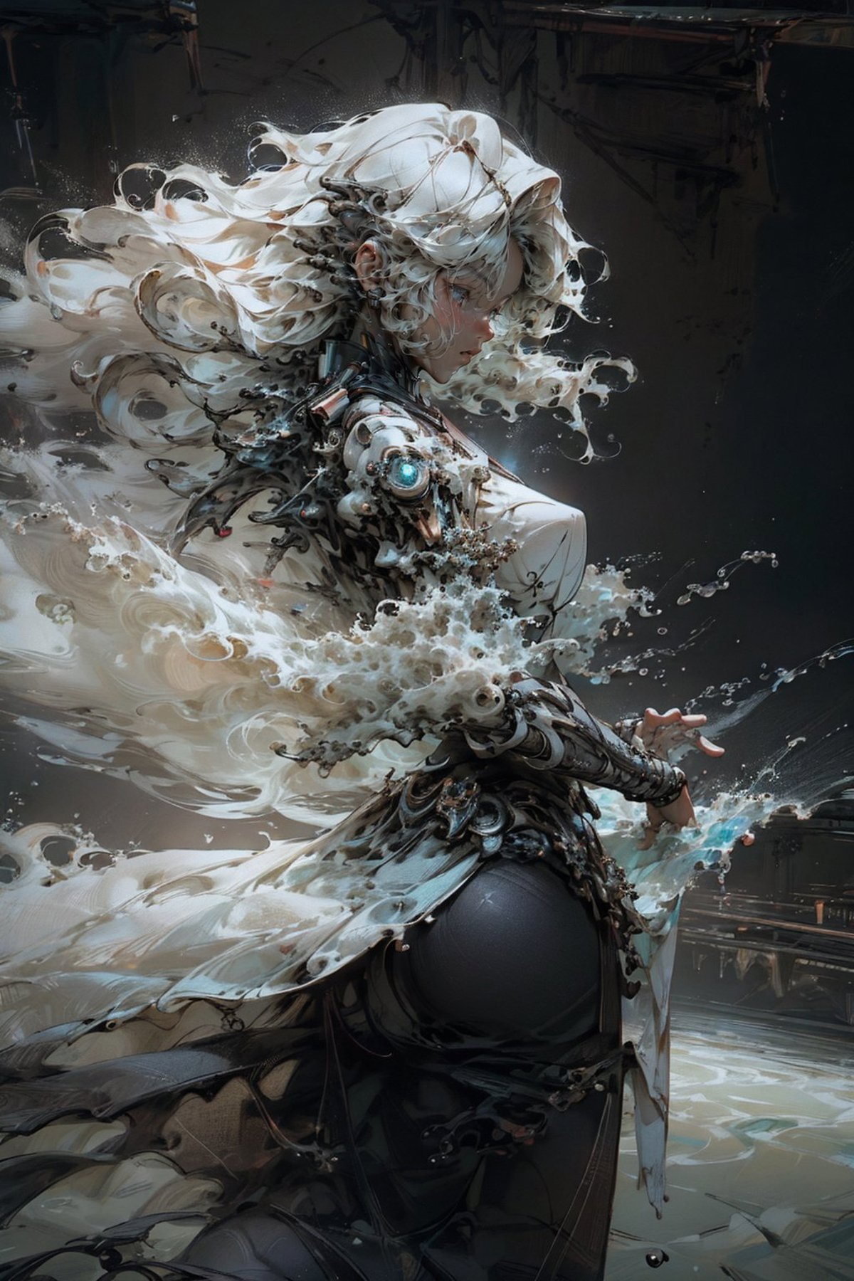 Water-themed artwork featuring a woman with flowing white hair and a futuristic dress.