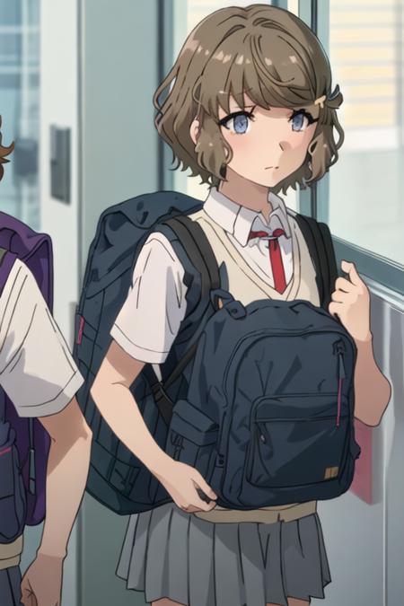 best quality, masterpiece, highres, solo, {koga_tomoe_seishunbutayarou:1.15}, brown_hair, short_hair, hair_ornament, hairclip, blue_eyes, bangs, grey_eyes, 1girl, backpack, bag, school_uniform, skirt, sweater_vest