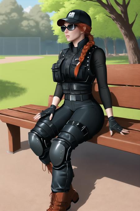 (masterpiece, best quality:1.2),  <lora:ash_(rainbow_six_siege):.95>, ash (rainbow six siege), 1girl, solo, hat, gloves, breasts, boots, baseball cap, pants, red hair, knee pads, black gloves, uniform, bulletproof vest, military, single braid, long sleeves, braided ponytail, braid, fingerless gloves, sunglasses, sitting on a park bench, legs crossed, engrossed