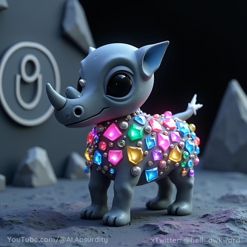 Positive: In an otherworldly environment, a colorful, glowing, diamond-shaped rhino alien stands against a black sky. Rings of rhinestones are arranged around its body, reflective and colorful, with a variety of pink, blue, green, yellow, and purple stones. Around each diamond-shape diamond-rhino gem is a small round, silver ball. A white swirl, like a lightning bolt, is on the left side of the beast's right arm, and two smaller green stones are at its body's left side.  The rhino alien's figure is whole grey, with bald head and face turned toward the viewer, eyes black and staring downward. Light shines through the figure, giving it a soft glow. In the background, a gray wall has a circle of stones on it. There are six stones in the shape of the word "O" in the middle of the image, with a variety of shapes and sizes, white designs and black bases.  The scene is a perfect blend of glowing colors, fantasy animals, trendy accessories, and intricate details. The 3D rendering seamlessly combines the rhinestone ring, environment, and cinematic character into one unified subject, beautiful in its own way.