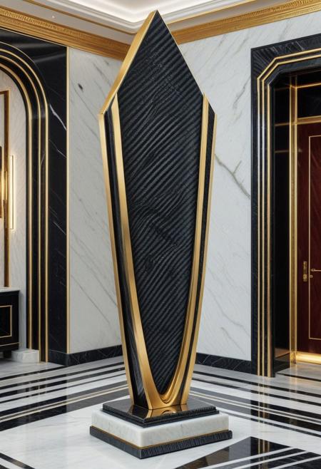 cf_style, carbon fiber modern art sculpture, gold trim, on marble pedestal, art deco, retro style, rich mansion interior, masterpiece, best quality, highly detailed, high resolution, absurdres