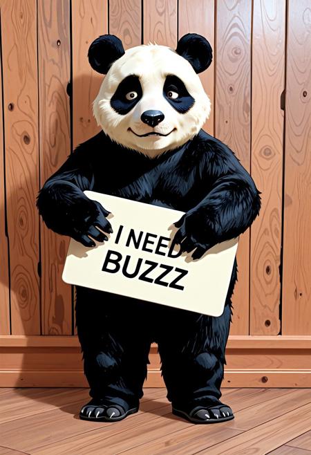 panda looking sad with a board next to him saying: i need buzz