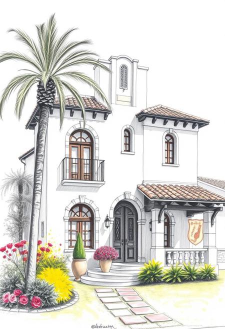 pencil drawing of a Spanish style villa with splash of color