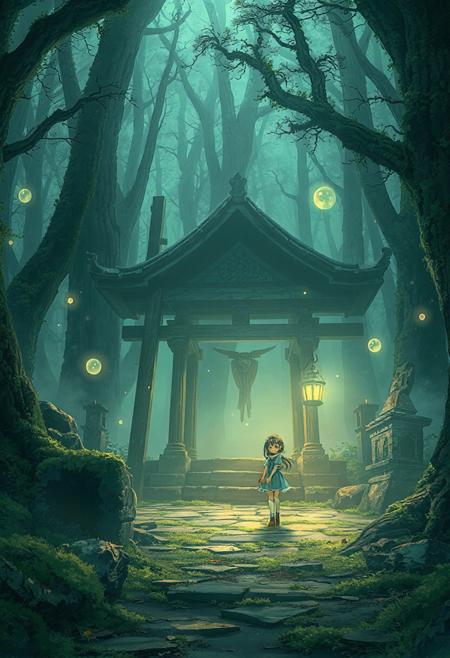 Vertical 9:16 cinematic anime scene, abandoned shrine deep in a misty forest, moss covering old stones, faint glowing orbs floating in the air, anime girl holding a lantern, dreamy mystical atmosphere, pastel muted greens and blues, hyper-detailed.