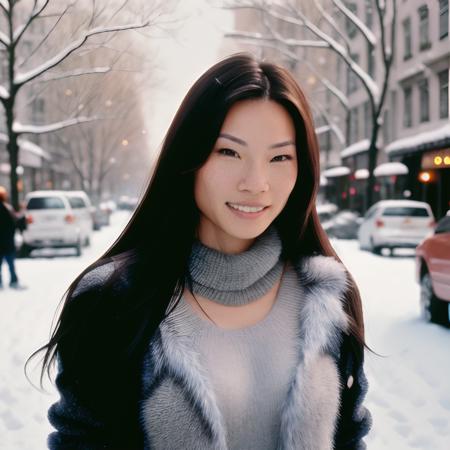 <lora:lucyliu_sd15_33:1> lucyliu a beautiful woman, smiling at the camera, wearing a sweater, outside, snowy day, newyork city, traffic, cabs, intricate, highly detailed, digital painting, artstation, concept art, smooth, sharp focus, illustration, unreal engine 5, 8 k, art by artgerm and greg rutkowski and alphonse mucha