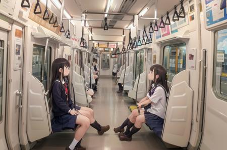 best quality, ultra-detailed, illustration,
e233, train interior, multiple girls, school uniform, ,vanishing point, poster (object), sitting, bag, scenery, poster (object), 
 <lora:E233_SD15_V3_DIM4:1>