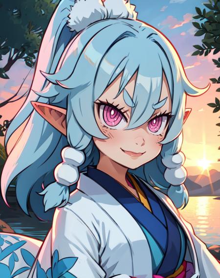 Ao, teal hair, purple eyes,  pointy ears,  pink eyes, 
white kimono,  evil smile, 
upper body,   standing,   
outdoors,   
(insanely detailed, beautiful detailed face, masterpiece, beautiful detailed eyes, best quality),
 <lora:Ao:0.7>