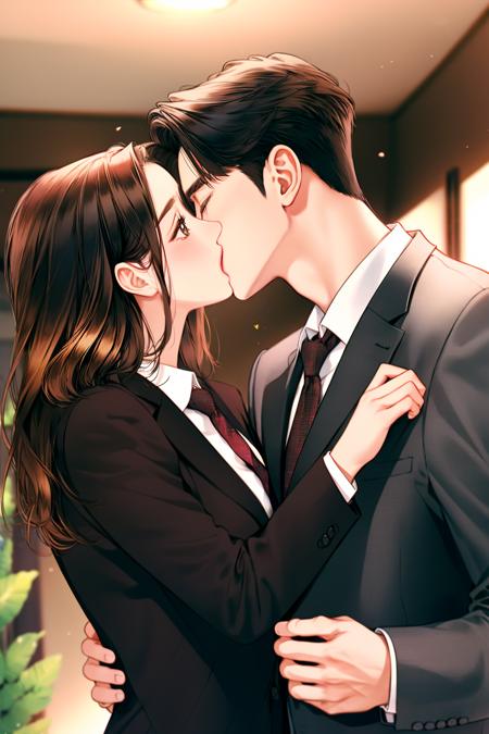 Concept art, love themes, illustrations, 1girl, 1boy, hetero, kiss, necktie, shirt, closed eyes, brown hair, formal, suit, upper body, medium hair, blurry, brown eyes, blurry background, long sleeves, couple, black hair, jacket, black necktie, short hair, collared shirt, plant, white shirt, long hair<lora:dibian2:0.8>,