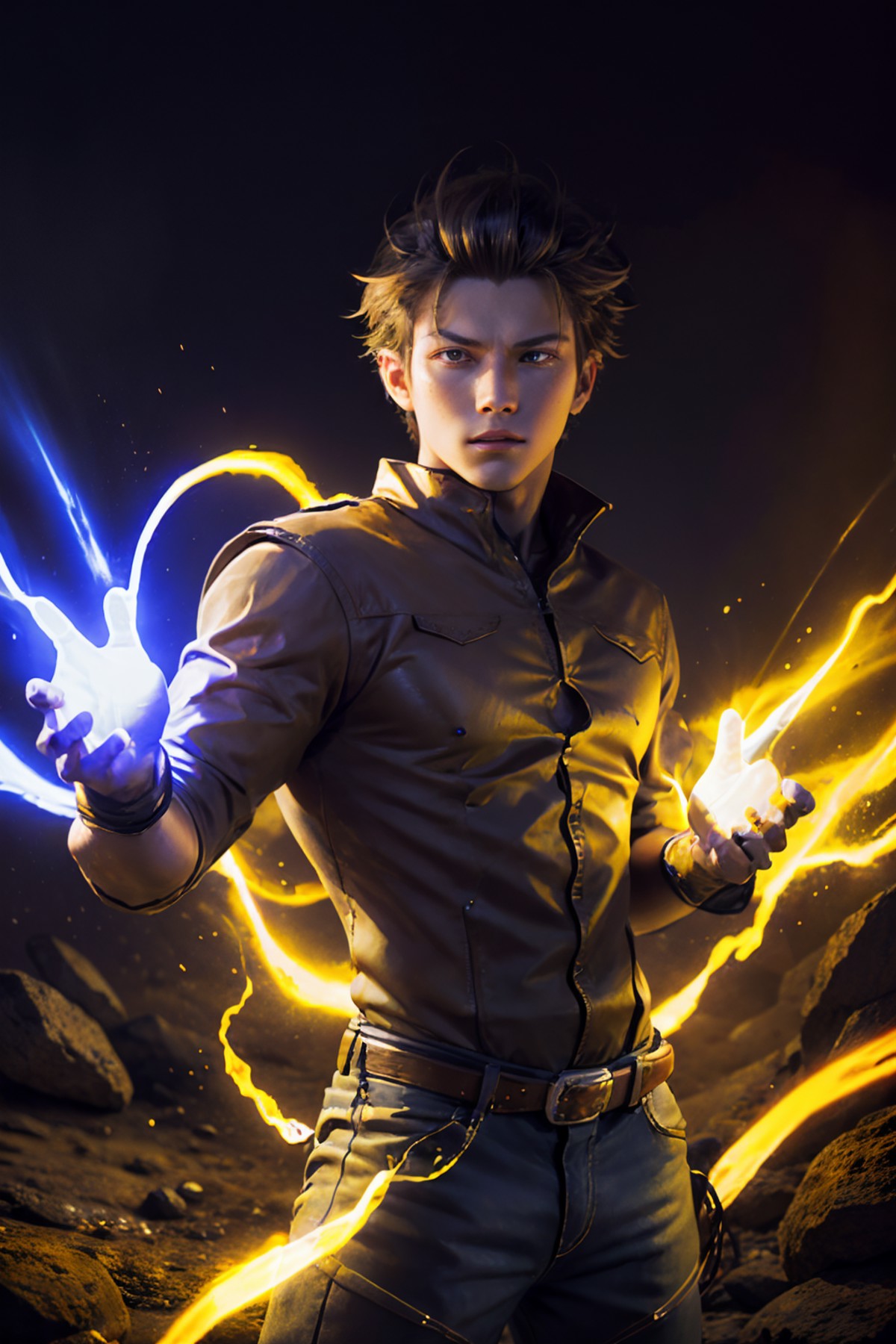 <lora:lightning_v1:0.4>,1boy,cowboy shot,yellow electricity,yellow aura,yellow lightning,condense energy in his hands,