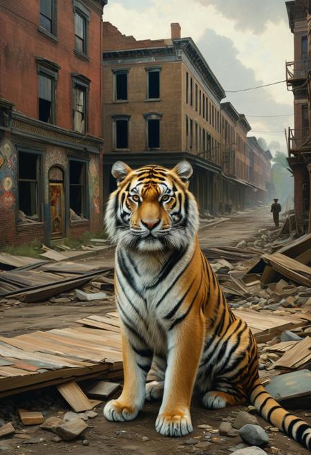 A tiger with radiant, prismatic fur, emerging from an abandoned city overtaken by sacred symbols, classical academic portraiture, color documentary realism, 19th-century military realism, American vernacular landscape, muted vintage tones, formal figures in mundane settings, natural light, photographic neutrality, oil-painted realism, quiet everyday Americana, posed stoicism, historical costume in contemporary context, deadpan composition, suburban stillness, painterly detail in banal environments, cultural juxtaposition, timeless formality meets mundane realism