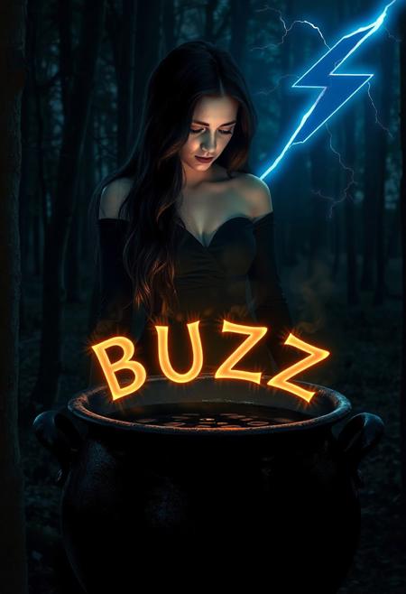 A beautiful sorceress with long black hair in a dark forest at night looking into a cauldron.
She is wearing a long black dress.
Fiery letters floating on the dark liquid in the cauldron spell the word BUZZ.
The trees in the background are backlit by a blue lightning bolt shaped in the civitai logo.