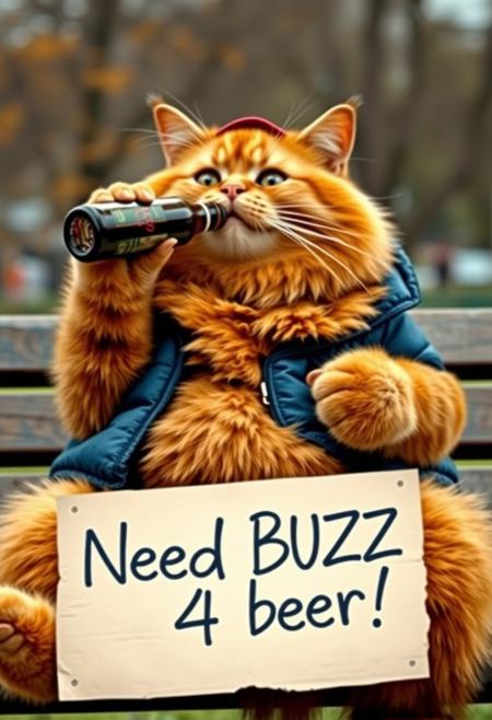 anthropomorphic Fat chubby ginger cat wearing a blue puffer vest and red cap sitting on park bench and drinking beer holding beer bottle with paw, cardboard sign with text "Need BUZZ 4 beer!", park, dynamic angle, warm hues, realistic, photorealism, hd, 8k, high definition, BREAK, score_9, score_8_up, score_7_up, score_6_up