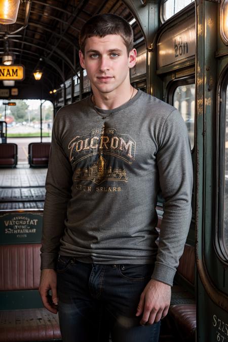 sc_aaron4 <lora:sc_aaron4-07:0.75> on a platform in a vintage train station, wearing a classic rock t-shirt, intricate rusty ironwork, word wooden benches, faded painted signs, old train tracks, vintage locomotive, iron and glass roof, golden hour, soft amber glow, vintage suitcases, old newspaper stand, highly detailed, ultra detailed photograph, warm lighting, 4k, sharp focus, high resolution, detailed skin, detailed eyes, 8k uhd, dslr, high quality, film grain