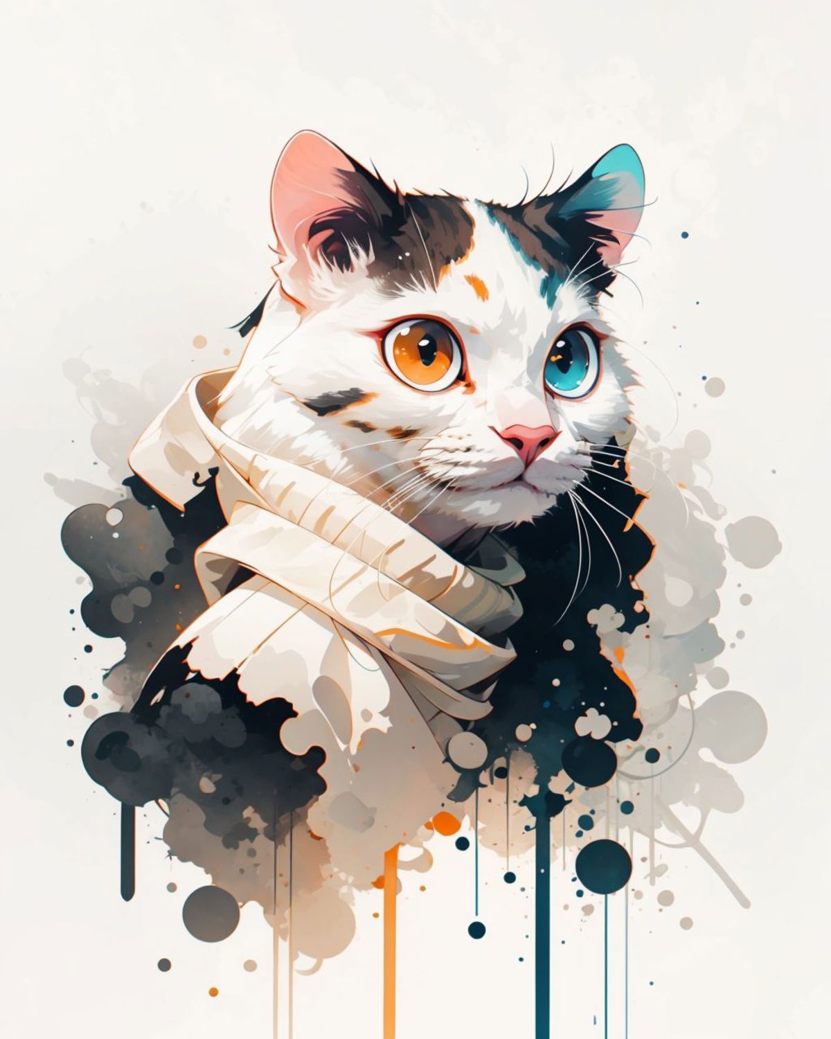 A white cat with a blue eye, wearing a white hoodie, in a colorful and artistic scene.