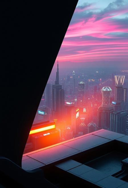 A fleeting sunrise seen through a narrow, tinted slit in the sleek, matte-black concrete wall of a futuristic, dystopian high-rise. For a single second, the sun’s neon-orange rays stream in, casting a surreal, warm glow across the sterile interior filled with glowing holographic displays and humming machinery. Beyond the slit, a sprawling cyberpunk cityscape unfolds with towering megastructures and flickering neon signs silhouetted against a sky streaked with electric pink and violet hues. The brief sunlight glints off a metallic surface inside, emphasizing the contrast between the cold, high-tech environment and the ephemeral beauty of the sunrise, before shadows reclaim the scene.