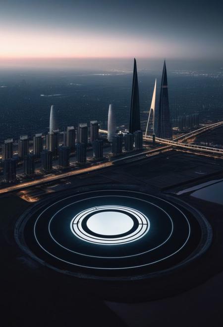 A stately pleasure-dome decree:
Aleph Tower, centre for the AI that rules the Human civilization, in a glittering city of glass and shining metal,
   bright sunlight under a pitch black sky.
So twice five miles of urban sprawl,
With walls and towers  girdled round;
In center: a black circle in bold lines intersected by a thick X, symbol,
Photographer Reuben Wu Style