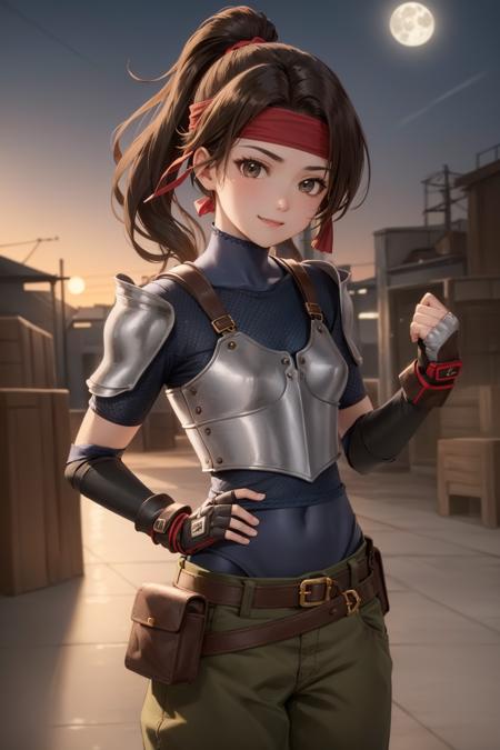 masterpiece, 4K, best quality, jessie rasberry, headband, armor, blue bodysuit, belt, fingerless gloves, pouch, green pants, cowboy shot, looking at viewer, smirk, night, moon, arm up, clenched fist, factory in background <lora:jessie-nvwls-v2-000010:0.9>