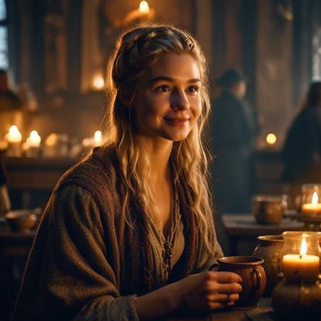 highly detailed documentary photo of vendor (coffee), 

1girl, solo, long hair, smile, blonde hair, cup, candle, indoors, solo focus,  brown hair, indoors, blurry, lips, 
table, cute face, looking at viewer,

depth of field, blurry background,

medieval store,

masterpiece, best quality:1.1, 

ultra photoreal,
photorealistic:1.0, 
depth of field:1.1, 
(edge lighting:1.2),
(shadow play:1.2),

50mm, style of Nathan Wirth, Hasselblad X1D II, Porta 160,
