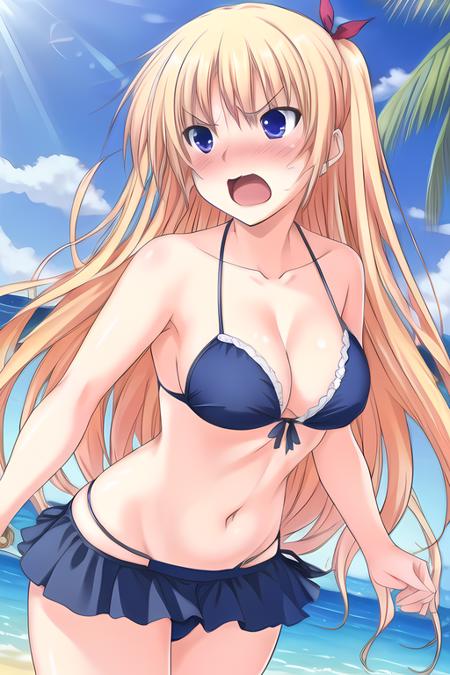 christiane friedrich, 1girl, best quality, masterpiece, bikini, beach, water, ((blush)), angry, blonde hair, mouth open, <lora:Christiane_Friedrich:0.8>,